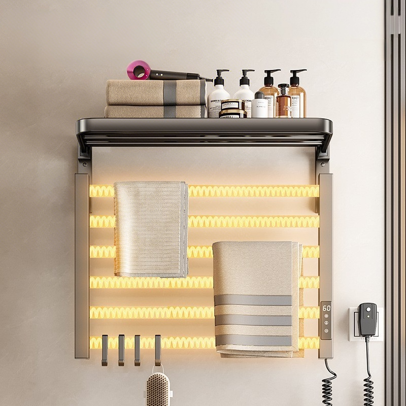 towel warmer rack with shelf.