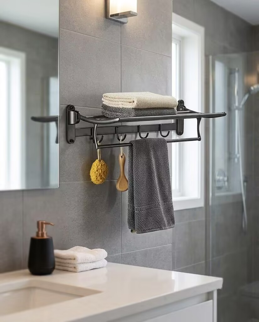Bathroom Towel Shelf Rack With Hooks-4.