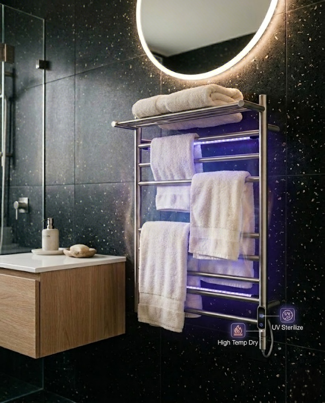 Brushed Stainless Steel Towel Warmer Rack for Commercial Bathrooms in modern bathroom setting-1.