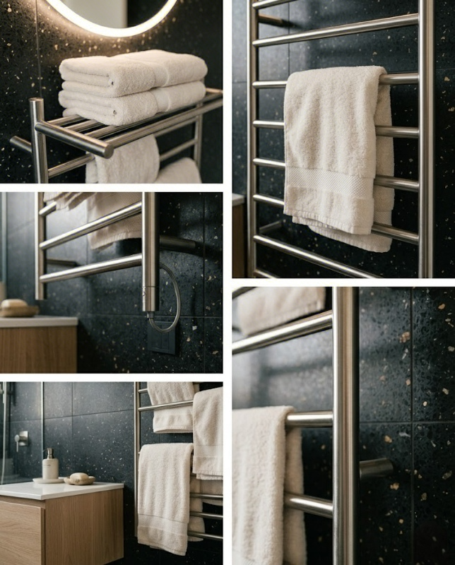 Brushed Stainless Steel Towel Warmer Rack for Commercial Bathrooms in modern bathroom setting-3.