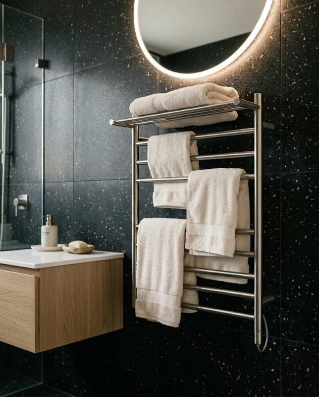 Brushed Stainless Steel Towel Warmer Rack for Commercial Bathrooms in modern bathroom setting-4.
