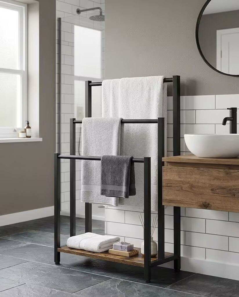 Freestanding Towel Rack with Shelf for Bathroom Storage