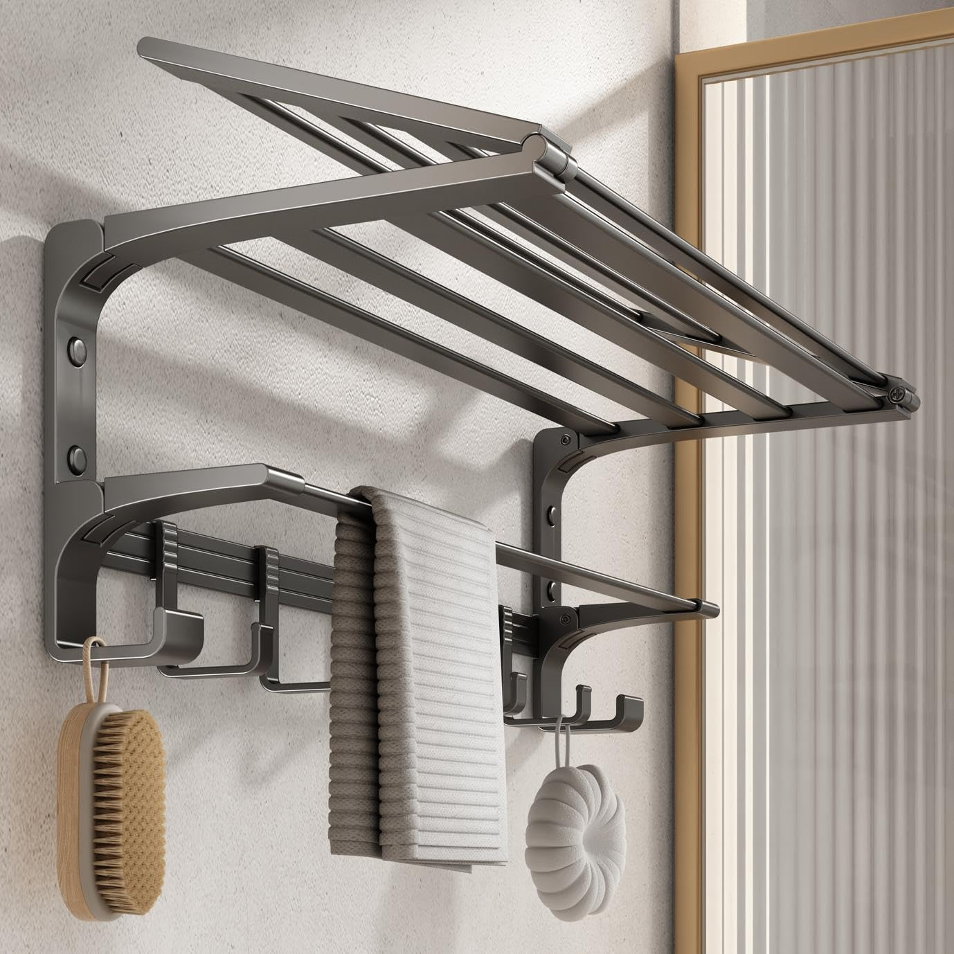 Wall Mounted Towel Rack with Upper Storage Shelf -1.