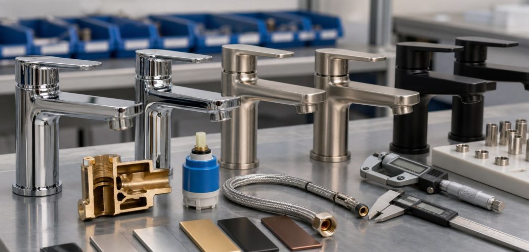 Bathroom faucet samples, cartridges and finishes for bulk order inspection