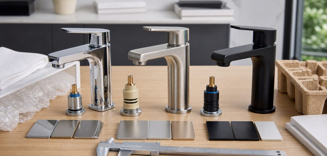 Bathroom faucet samples arranged for B2B supplier comparison