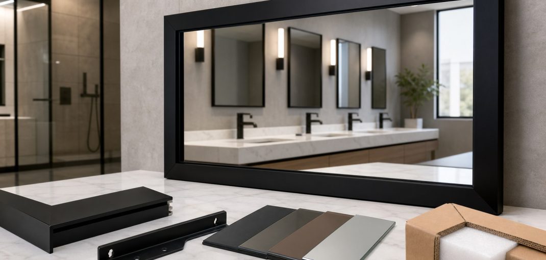 Black framed bathroom mirror with coating and mounting samples
